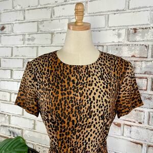 Vintage 90s Misty Lane Leopard Print Crew Neck Side Slit Short Sleeve Maxi Dress